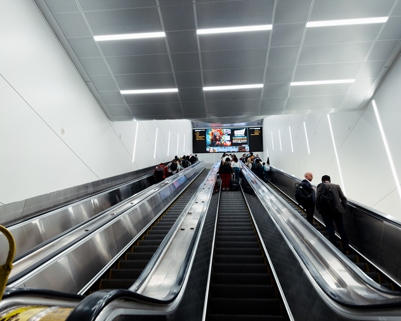 The four escalators leading to the terminal at Hartsfield-Jackson International Airport.