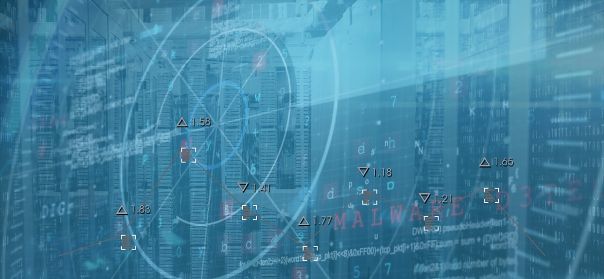 Monitoring server cabinets displaying digital overlay in data center, with malware alert text.