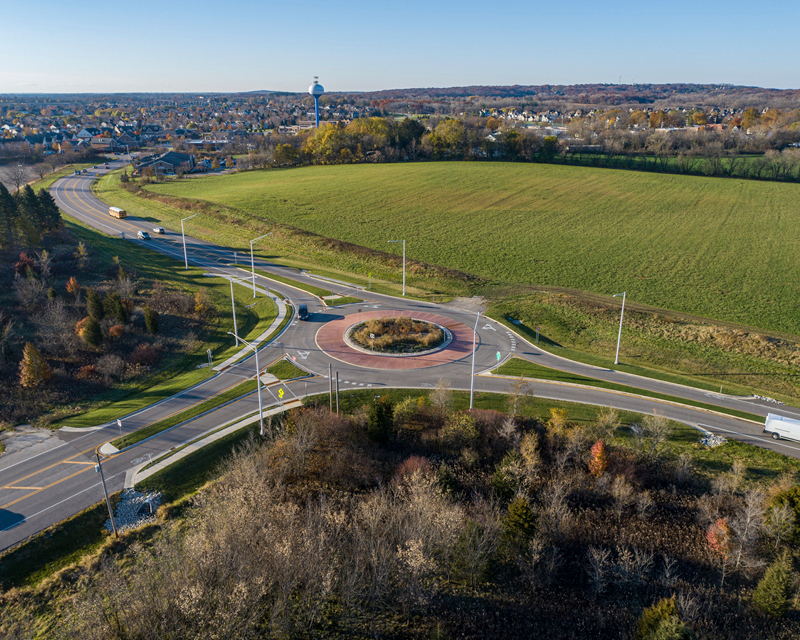 Aerial view of the roundabout at Burlington Road and Bolcum Road intersection in Village of Campton Hills, IL.