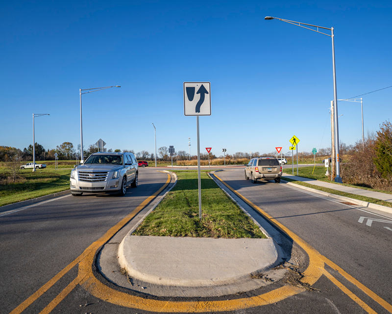 Ground views of improvements made at Burlington Road and Bolcum Road intersection in Village of Campton Hills, IL.