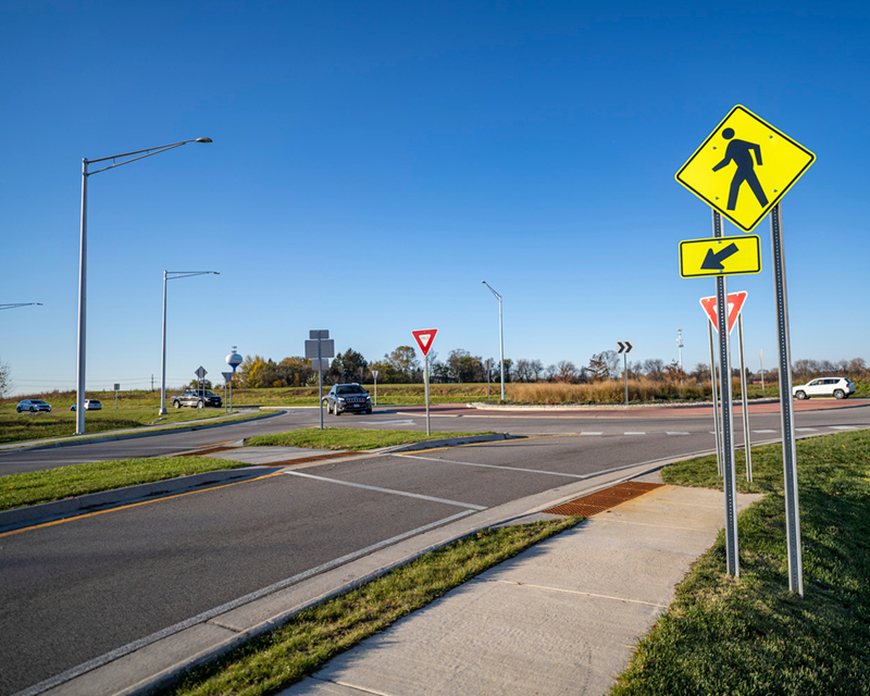 Ground views of improvements made at Burlington Road and Bolcum Road intersection in Village of Campton Hills, IL.