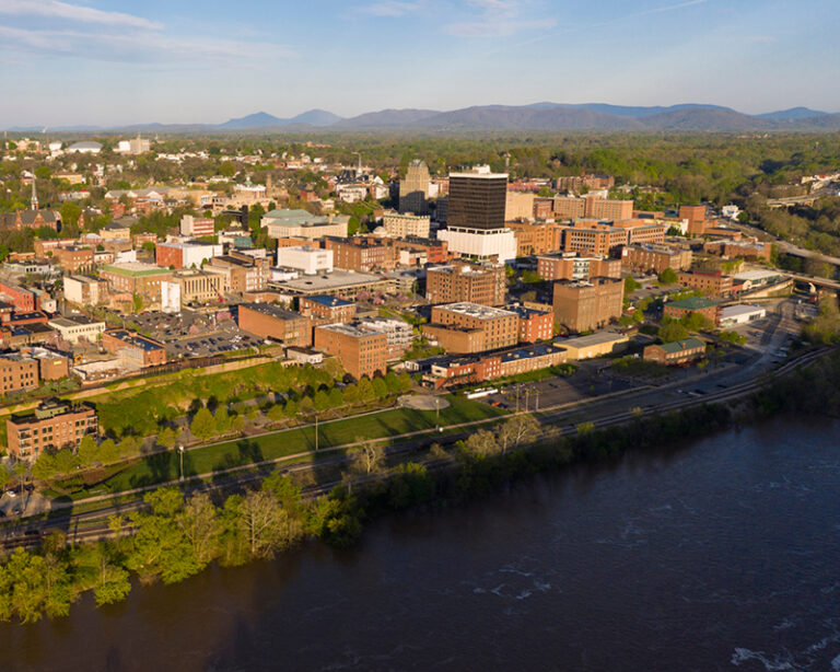 Aerial View of the James River alongside Lynchburg, Virginia.