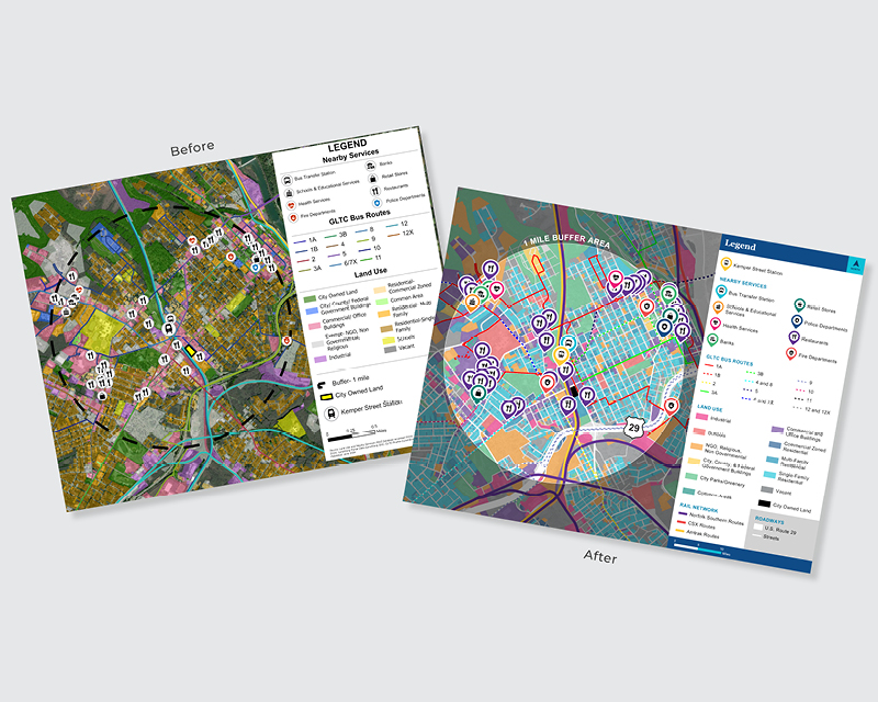 Before and after maps showcasing the study area and economic impacts of land development based on study data.