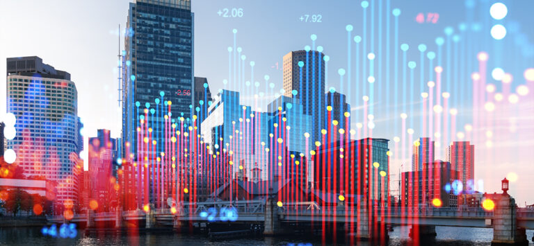 The skyline of the city of Boston, overlayed with conceptual graphics representing digital information.