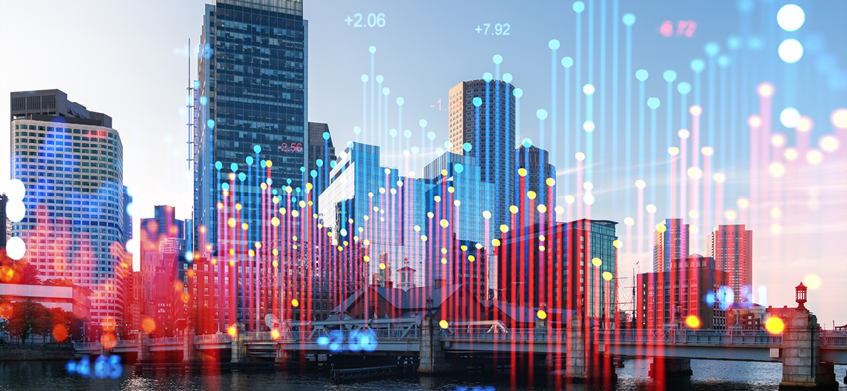 The skyline of the city of Boston, overlayed with conceptual graphics representing digital information.