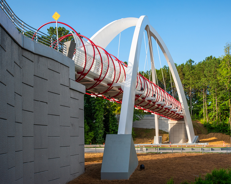 The Global Gateway Connector Bridge from the side of the road.
