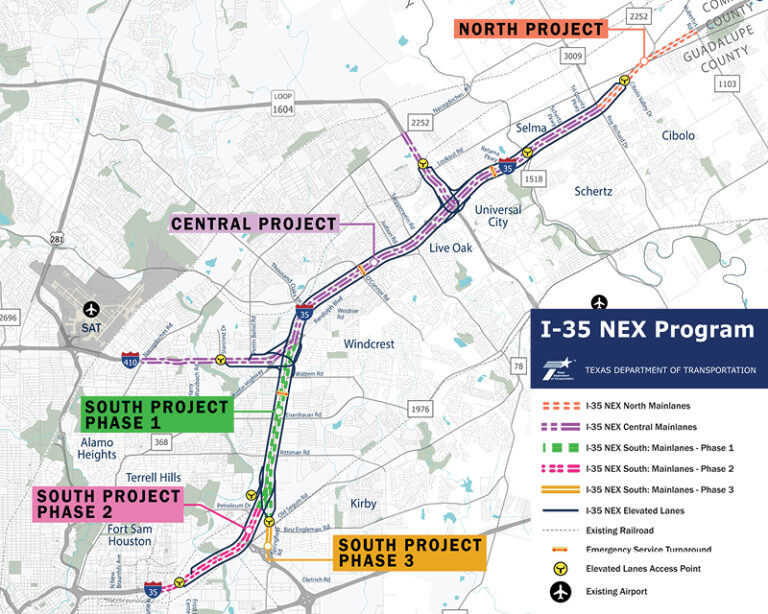 Project area map showing planned improvements along I-35 Northeast Expansion (NEX) Northern Section in San Antonio, Texas.
