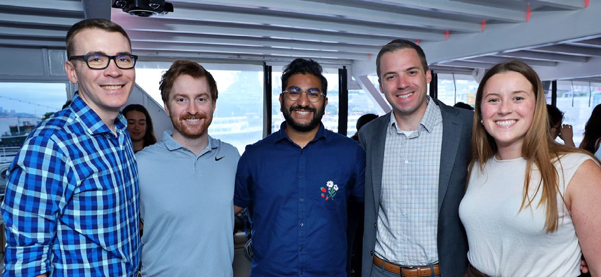 Jacob Rueckel, Evan Boso, SEAoNY Young Engineer of the Year award winner Jithu Alexander, Matt Sangen and Elizabeth Lisk attend the 2025 SEAoNY SEE Awards & Boat Cruise.