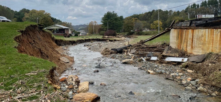 A section of Chimney Rock road in North Carolina that was flooded and severely damaged following Hurricane Helene.