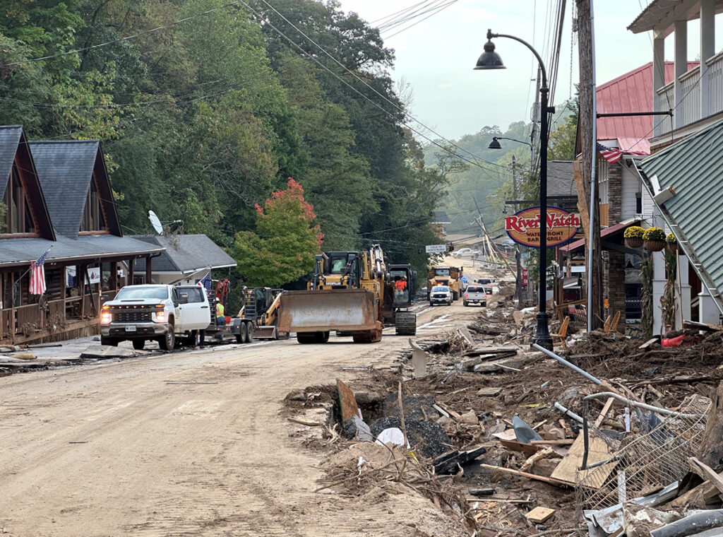 Construction equipment mobilizes in Chimney Rock, North Carolina, following Hurricane Helene.