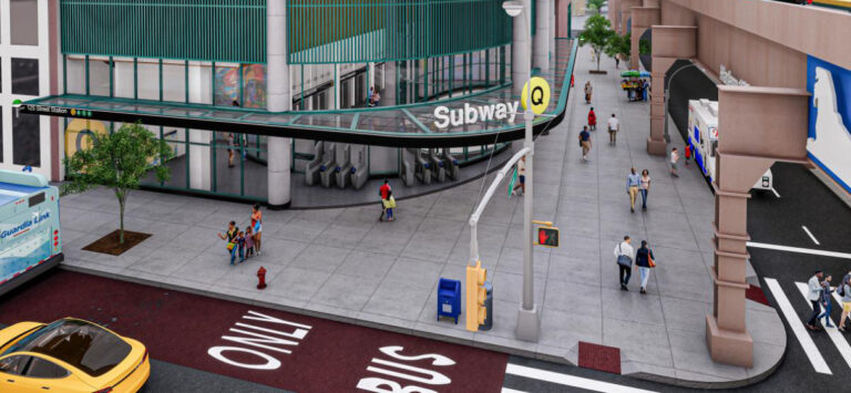 Aerial view of rendering of Second Avenue Subway 125th Street Station street-level entrance and plaza.