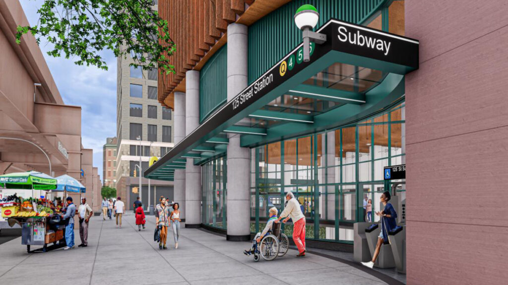 Street-level view of rendering of 125th Street Station along Second Avenue Subway. Pedestrians and commuters are outside the station.