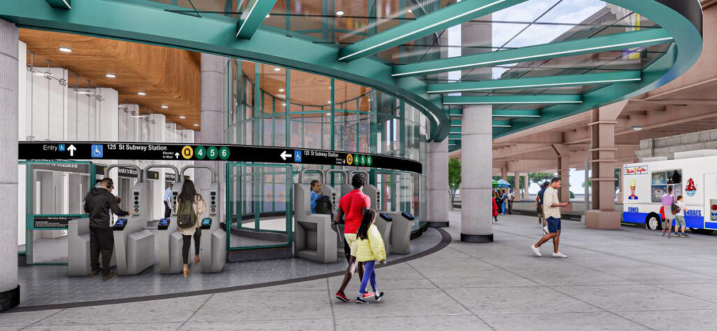 Ground-level rendering of Second Avenue Subway 125th Street entrance, including turnstiles and front plaza architecture.