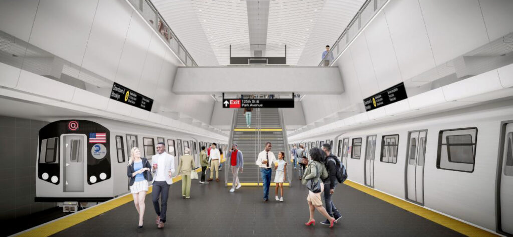 Rendering of Second Avenue Subway's 125th Street Station at platform level. Two Q trains are in the station with commuters conversing and walking along the platform.