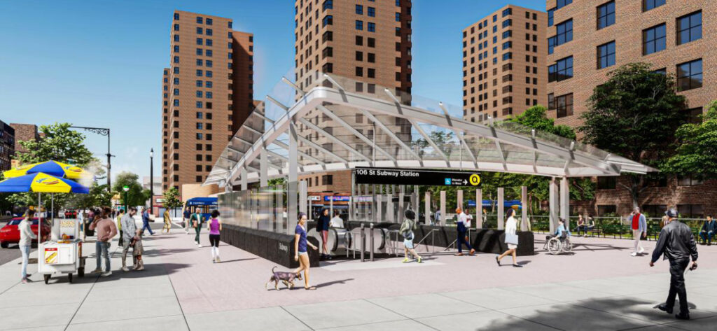 Ground-level rendering of Second Avenue Subway's 106th Street station at street level, showcasing escalators and plaza outside the station.