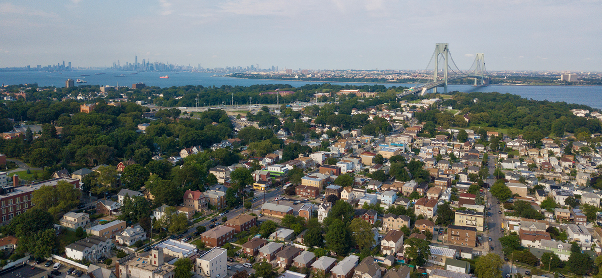 Aerial drone photo of Staten Island, the Verrazano Bridge and Brooklyn.