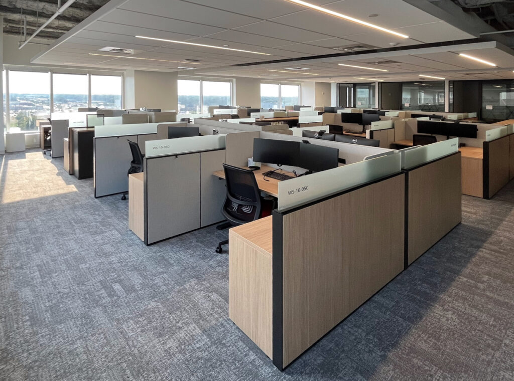 The open-concept workstation area in the Virginia Beach office.