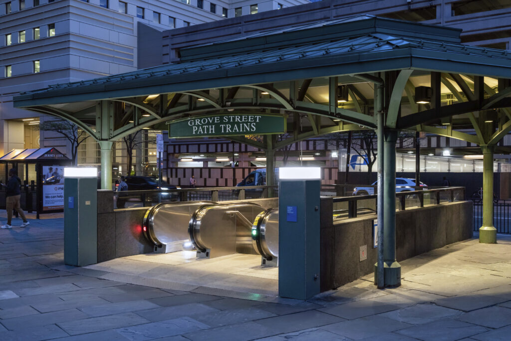 Street level entrance of the Grove Street PATH Station in New Jersey which underwent improvements to make the facility more resilient