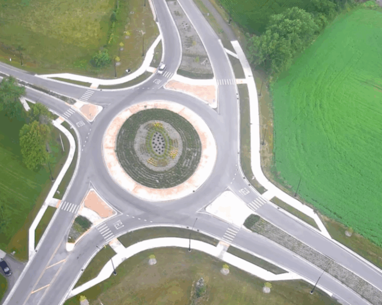 Aerial view of roundabout interchange at Darrell Road and Neville/Case Road in Illinois.
