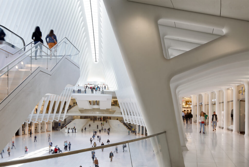 Interior view of the WTC Transportation Hub in lower Manhattan showcasing the facility's natural light and unique architectural design