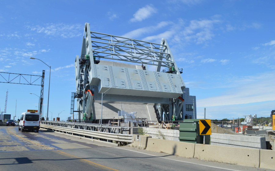 View from roadway of Belden Bly Drawbridge in Massachusetts in open position.