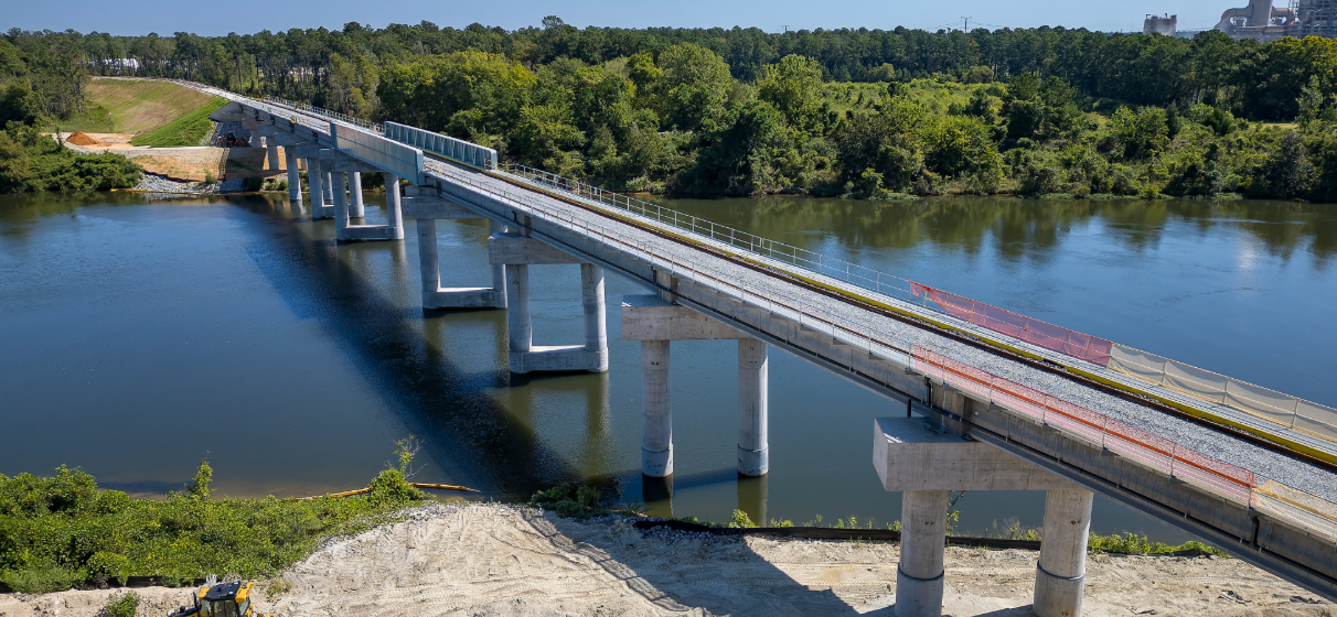 Elevated view of rail bridge to be used for the Camp Hall Rail Connection freight corridor in South Carolina.