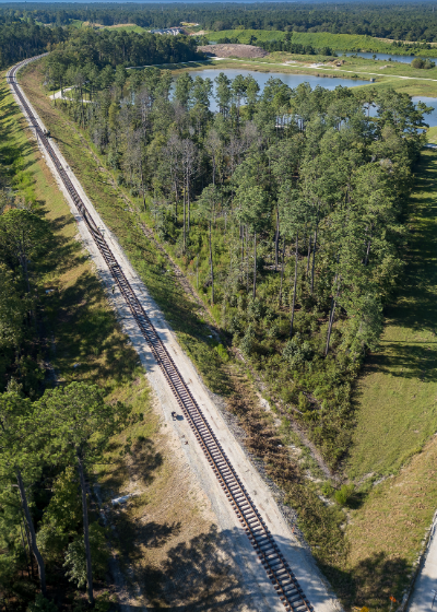 Aerial view of rail tracks along Camp Hall Rail Connection freight corridor in South Carolina.
