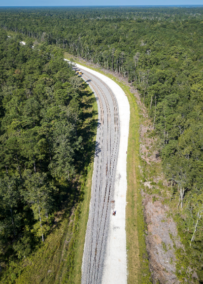 Aerial view of rail tracks and right-of-way under construction for Camp Hall Rail Connection freight corridor in South Carolina.