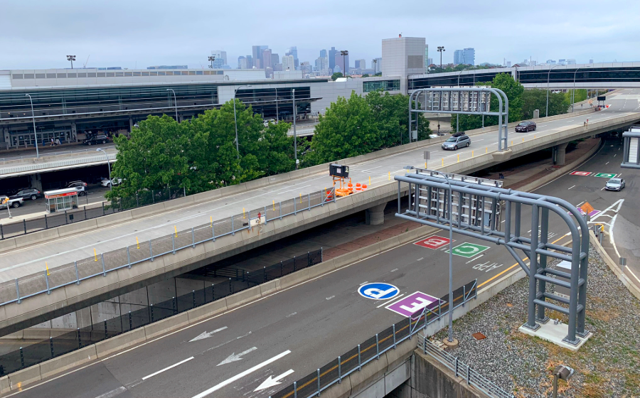 Aerial view of civil improvements including landside roadway network rehabilitations at Logan Airport in Boston, Massachusetts.