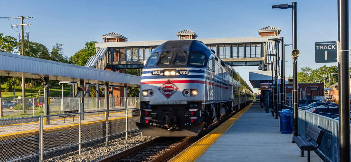 A Virginia Railway Express train pulls in to Quantico Station.