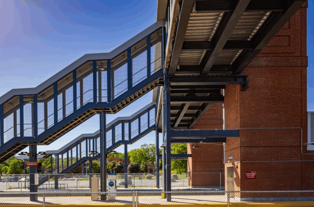 View of overpass and stairwell leading to platform at Quantico Station in Virginia.