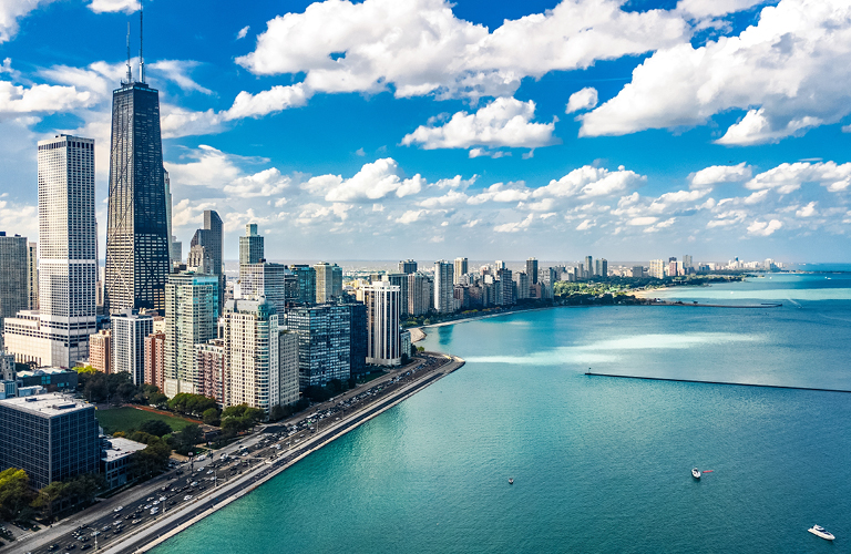 Aerial view of Chicago skyline and Lake Michigan.