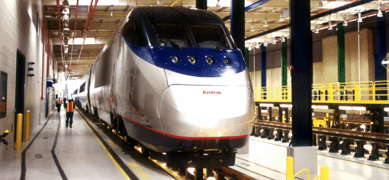Amtrak Acela train inside the Ivy City maintenance facility circa early 2000s.