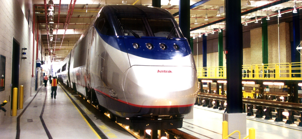 Amtrak Acela train inside the Ivy City maintenance facility circa early 2000s.