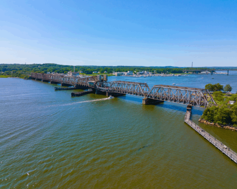 View of the Connecticut River rail bridge between Old Saybrook and Old Lyme in Connecticut.