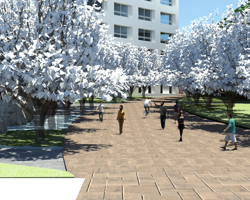 Rendering of pedestrian walkway at Laney College in Oakland, California.