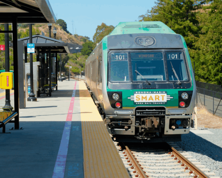 A SMART train arrives at a station along the Windsor Extension.