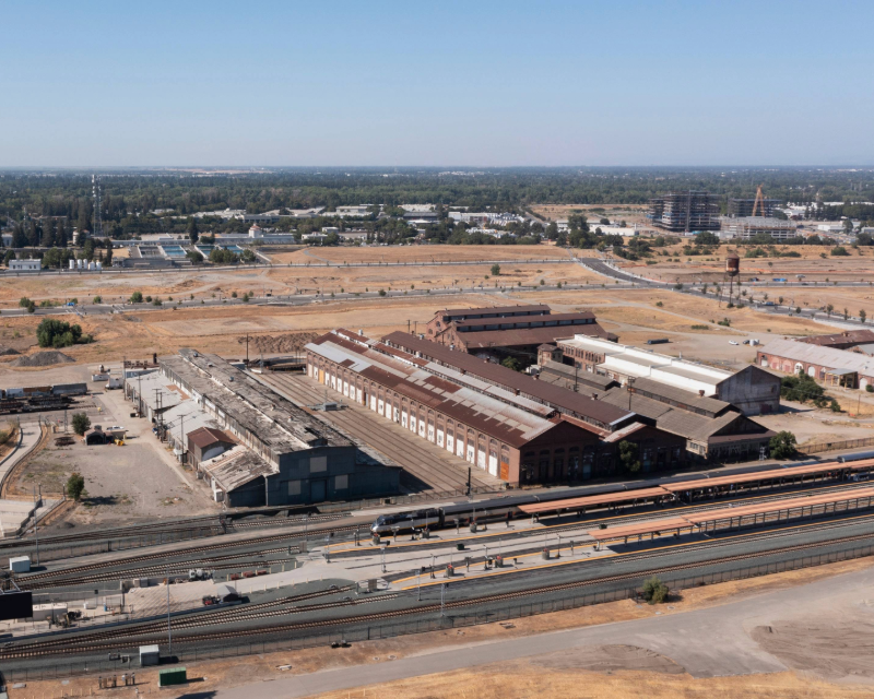 Aerial view of the Sacramento railyards.