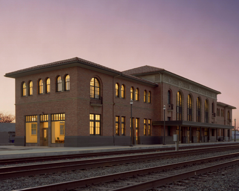 Exterior dusk shot of Stockton Southern Pacific Depot building.