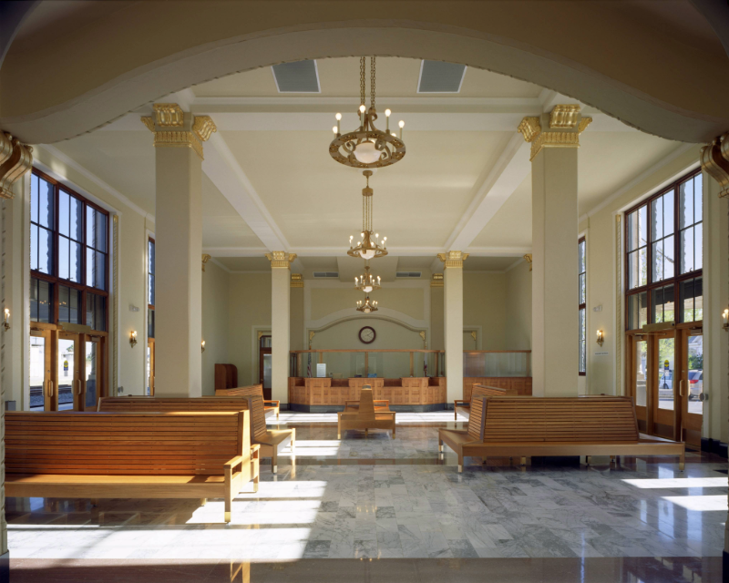 Interior view of ornate architectural features of waiting room at Stockton Southern Pacific Depot building.