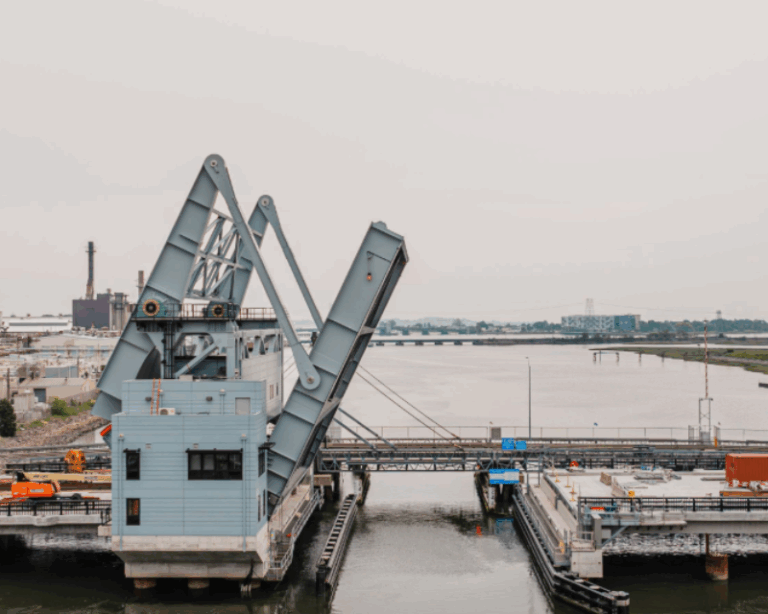 View of Belden G. Bly drawbridge in open position in Massachusetts.