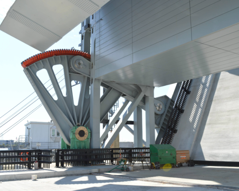 Close up view of mechanical system of Belden G. Bly bridge in Massachusetts.