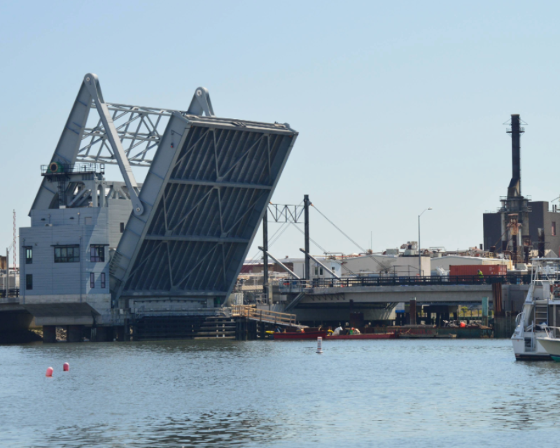 Belden G. Bly drawbridge in open position over Saugus River in Massachusetts.