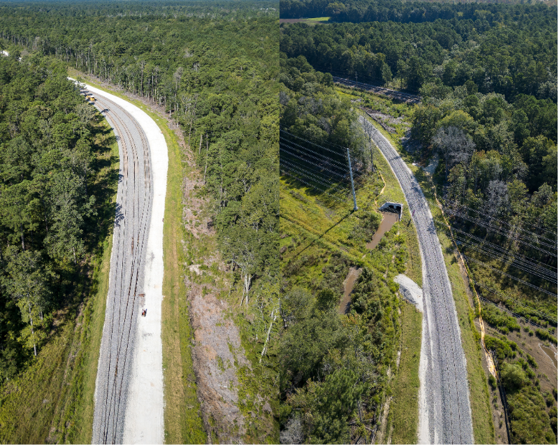 Side by side of two aerial views of railroad right-of-way for Camp Hall project in South Carolina.