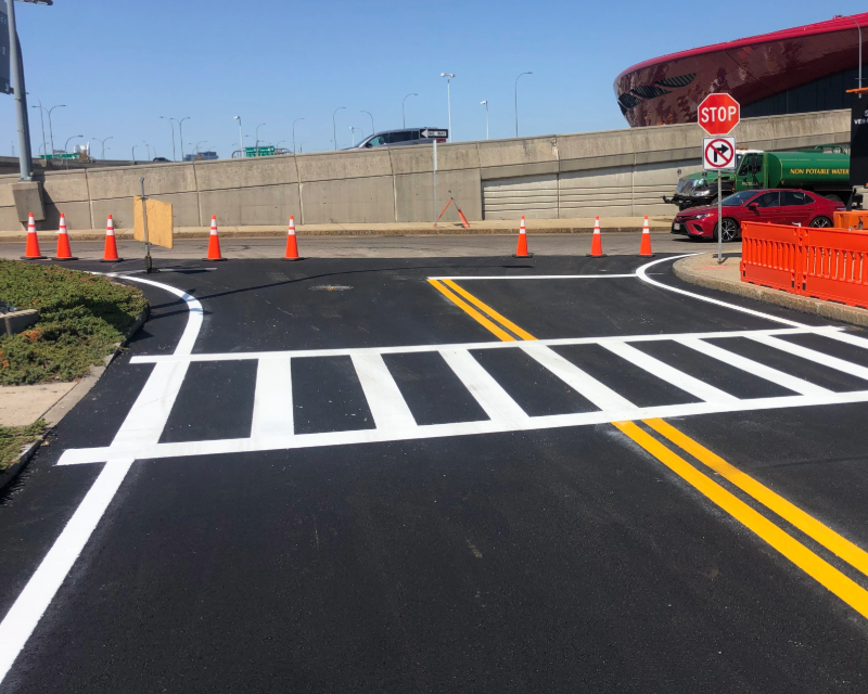Enhanced crosswalk outside terminals at Logan International Airport in Boston.