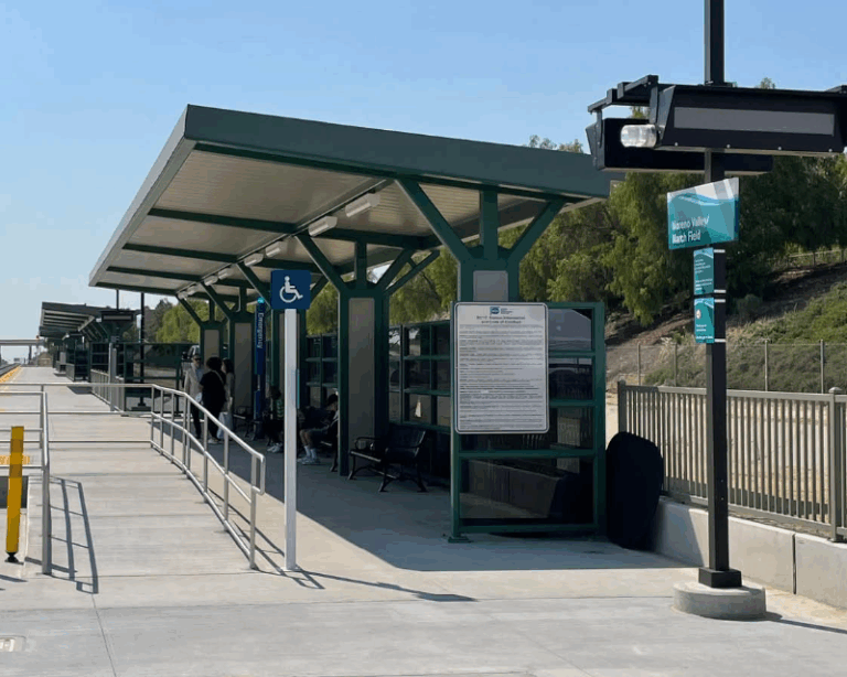 Exterior view of canopies at the Moreno Valley/March Field Metrolink Station along the 91/Perris Valley rail line in California.