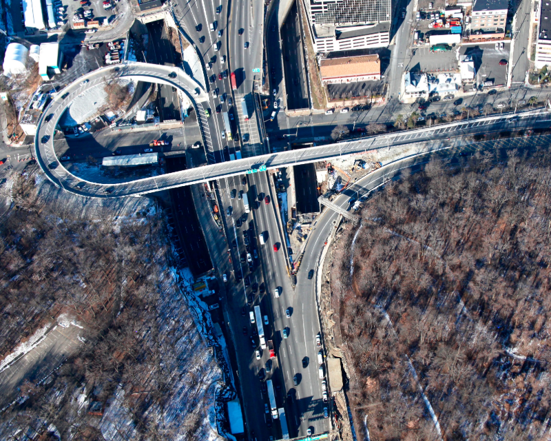 Overhead view of Palisades Interstate Parkway Helix ramp headed towards the George Washington Bridge.