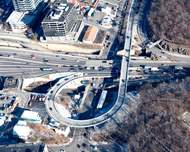 Overhead view of vehicles exiting the Palisades Intestate Parkway Helix ramp near the George Washington Bridge.