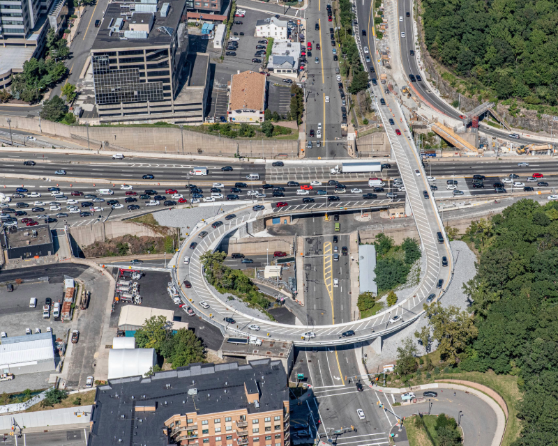 Traffic leaving the Palisades Interstate Parkway Helix ramp in New Jersey.