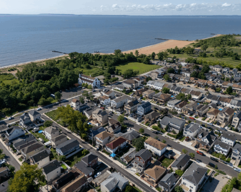 Aerial of homes and roads in Roma and Hett avenues area of Staten Island where STV designed flood resilience improvements for civil infrastructure.